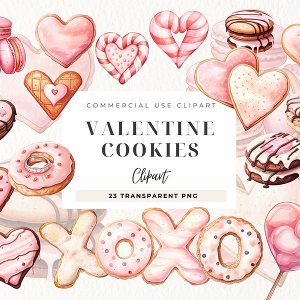 Valentine Cookies Clipart, Heart Cookie, XOXO, Cake Pops, Pink Sweets Clipart, Macaroons, Love Clipart, Watercolor Valentine, Commercial Use