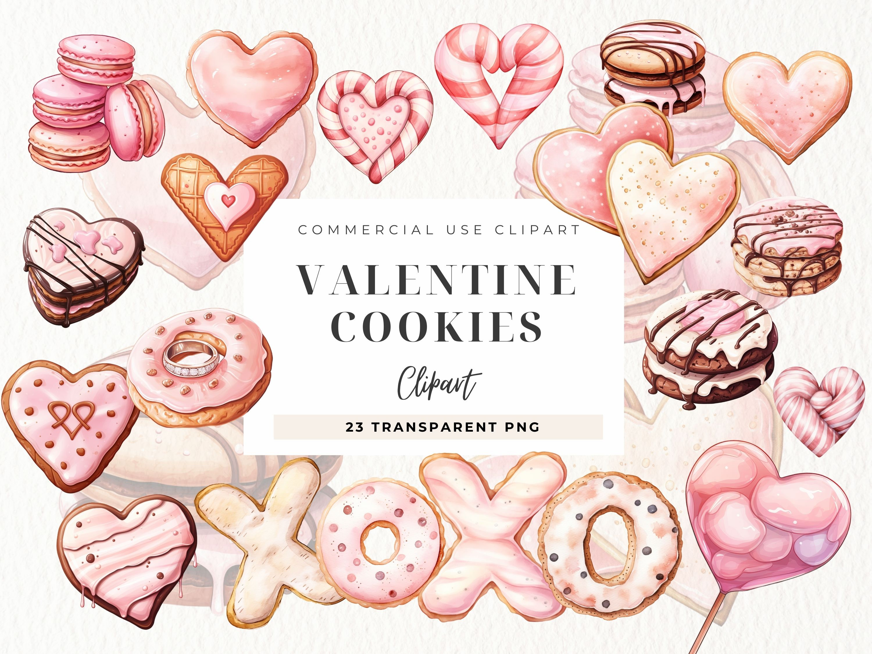 Valentine Cookies Clipart, Heart Cookie, XOXO, Cake Pops, Pink Sweets Clipart, Macaroons, Love Clipart, Watercolor Valentine, Commercial Use