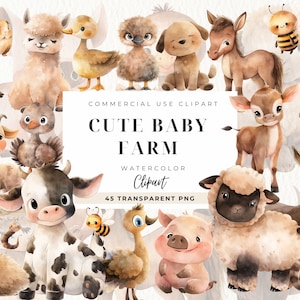 Clipart de berçário de animais de fazenda, clipart de berçário, clipart digital em aquarela de animais de fazenda, arte de parede de bebê, aniversário de tema de fazenda de chá de bebê