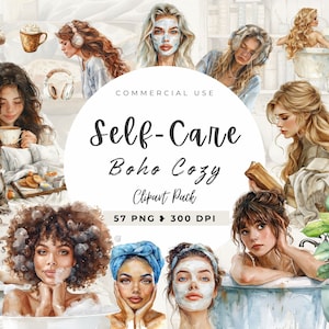 Clipart aquarelle soins personnels confortables, offre groupée spa, relaxation, cottagecore romantique, journée pyjama confortable, bain pour femme, oreillers, lit, usage commercial