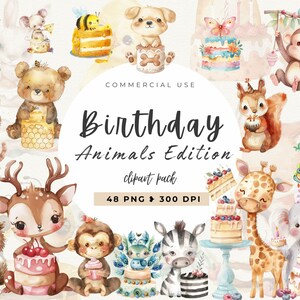 Clipart Animal pour gâteau d'anniversaire, baby shower, bébés animaux, forêt, safari, décoration d'anniversaire de zoo, animaux de la jungle, fêtards aquarelle PNG