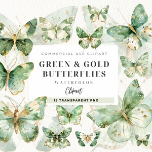 Clipart de borboletas de ouro verde, clipart de borboletas, uso comercial, berçário de bebês, glitter de borboletas, casamento, álbum de recortes
