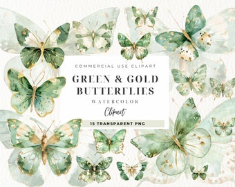 Green Gold Butterflies Clipart, Butterfly Clip Art, Commercial Use, Baby Girl Nursery, Butterflies Glitter, Wedding, Scrapbooking