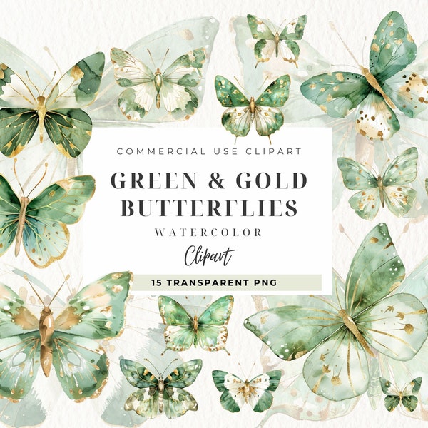 Green Gold Butterflies Clipart, Butterfly Clip Art, Commercial Use, Baby Girl Nursery, Butterflies Glitter, Wedding, Scrapbooking