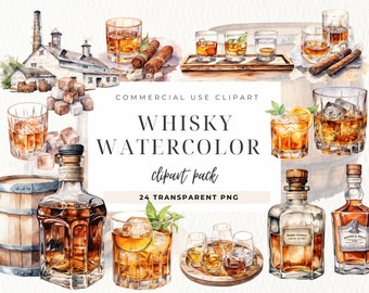 Bourbon Clipart, Whiskey Clip art, Cut File, Cocktail Image, Watercolor Cocktail, Alcohol PNG, Whiskey Bottle Glass , For Commercial Use