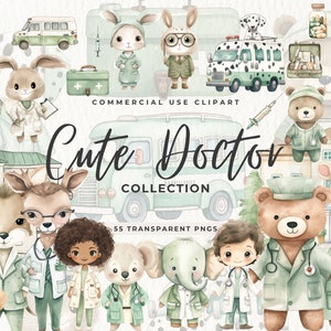 Watercolor Doctor Clipart, Hospital, Medical Nurse Images, Cute Animals Baby Shower, Baby boy Nursery, Printable Art, Bear and Dalmatian