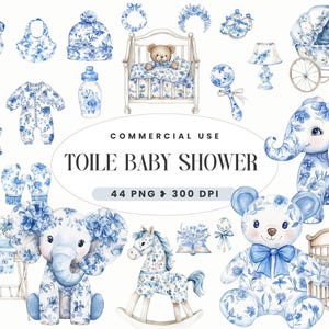 Blauwe toile de jouy babyshower clipart, aquarel chinoiserie-graphics voor decor van de kinderkamer, bloemen png, babyshower jongen, commercieel gebruik