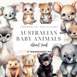 Clipart d'animaux australiens, créations en papier, diable de Tasmanie, bébé australien, animaux mignons, chambre d'enfant, fête prénatale, fabrication de cartes, style aquarelle