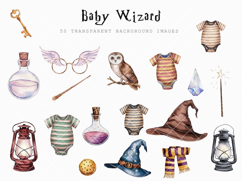 Puede incluir: Un conjunto de 50 ilustraciones de acuarela con motivos de beb&eacute; mago. Las im&aacute;genes incluyen una llave, una botella de poci&oacute;n, un par de gafas con alas, un b&uacute;ho, un body de beb&eacute;, un cristal, una varita m&aacute;gica, una linterna, una botella de poci&oacute;n, un body de beb&eacute;, un sombrero, una bufanda y un sombrero.