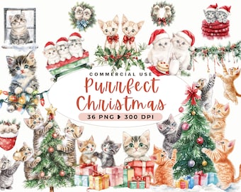 Whimsical Christmas Cats Clipart, Quirky Kittens, Cute Xmas Graphics, Festive Cat, Christmas Tree, Ornaments, Junk Journals, Commercial Use