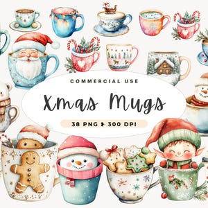 Clipart de xícara de café de Natal, caneca de chocolate quente em aquarela, chocolate quente, xícaras aconchegantes de inverno, Papai Noel, pão de gengibre, boneco de neve, Natal, uso comercial