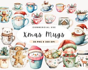 Clipart de taza de café navideña, taza de chocolate caliente con acuarela, cacao caliente, tazas acogedoras de invierno, Papá Noel, pan de jengibre, muñeco de nieve, Navidad, uso comercial