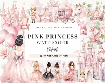May include: A watercolour clipart set with a pink princess theme. The image includes castles, a carriage, a unicorn, a dragon, crowns, and several little girls in pink dresses. Text reads "Pink Princess Watercolor Clipart".