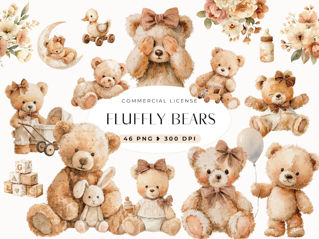 Boho Baby Shower Clipart, Boho Teddy Bear Clip Art, Watercolor Fluffy ...