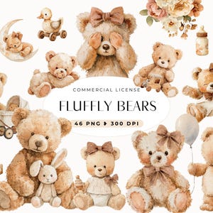 Boho Baby Shower Clipart, Boho Teddy Bear Clip art, Watercolor Fluffy Bear, Nursery Wall Art, Gender Neutral, Balloon, Boho, Commercial Use