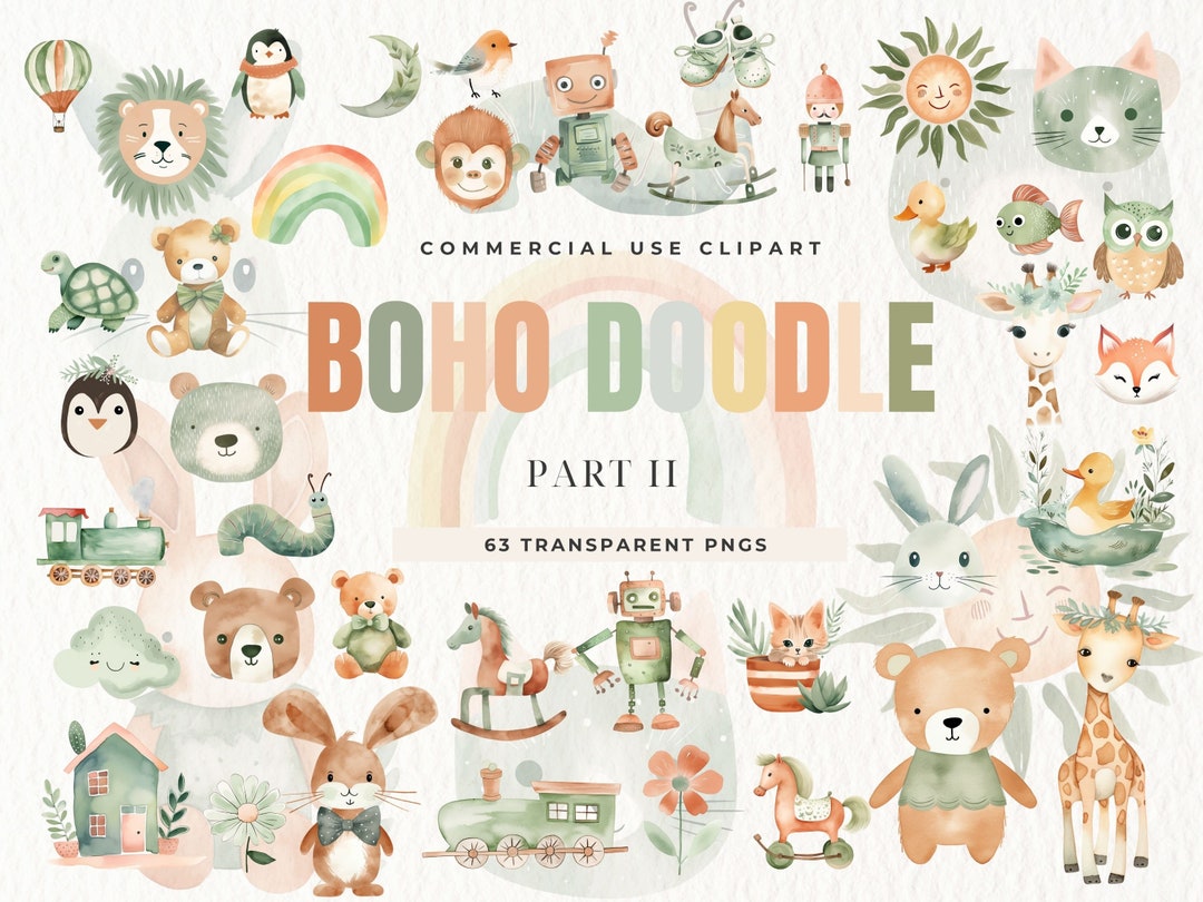 Boho Baby Watercolor Clipart, Nursery Animal Clip Art, Newborn Boho Kid ...