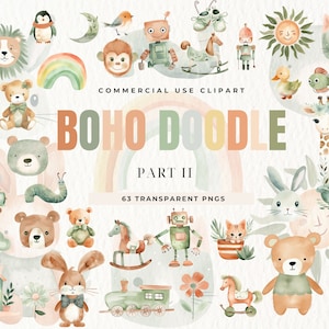 Boho Baby aquarelle Clipart, Nursery Animal Clip Art, Nouveau-né Boho Kid Doodle, Baby Shower PNG, Moon Child, Animal mignon, Conception de sublimation