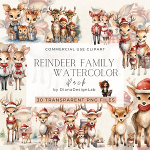 Familie Rentier Clipart, Liebe Rentier Paar Aquarell Weihnachtscliparts, Wald Baby Tier Aquarell Winterferien PNG, Baby Deer