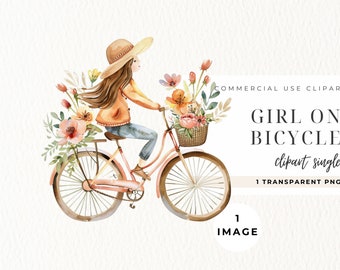 Girl on Bicycle Clipart, Summer Clipart, Skateboard Png, Watercolor Clipart, Flowe Bike Clip art, Girl & Bike, Single Image, Commercial Use