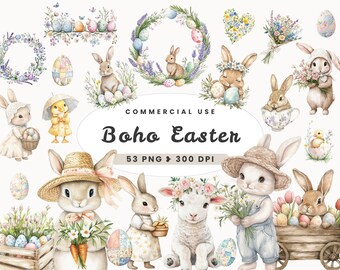 May include: A set of 53 digital illustrations featuring bunnies, chicks, lambs, and eggs in a boho style. The illustrations are perfect for Easter crafts, scrapbooking, and other creative projects.  COMMERCIAL USE. 53 PNG  300 DPI.