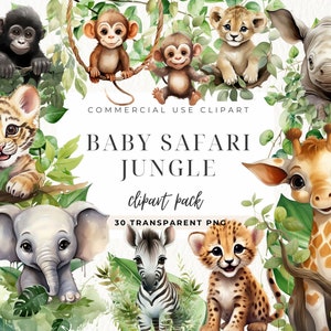 Safari animales acuarela clipart, vivero de la selva, arte del vivero, animales de la selva, sublimación de la selva, elefante bebé, imágenes prediseñadas del vivero