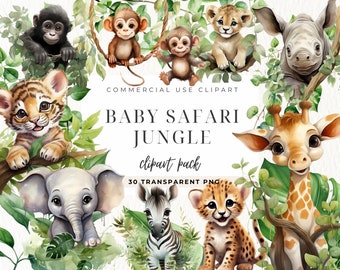 Clipart aquarelle animaux de safari, chambre d'enfant de la jungle, oeuvre d'art pour chambre de bébé, animaux de la jungle, sublimation de la jungle, éléphanteau, clipart pour chambre d'enfant