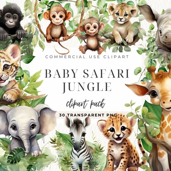 Safari Tiere Aquarell Clipart, Dschungel Kinderzimmer, Kinderzimmer Kunst, Dschungeltiere, Dschungel Sublimation, Baby Elefant, Kinderzimmer Clipart