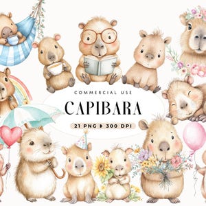 Clipart de Capivara em Aquarela, Convite de Aniversário de Capivara, Download Instantâneo, Capivara de Café Fofa, Verão, Adesivo de Planejador, Uso Comercial