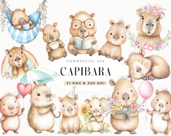 Aquarel capibara clipart, capibara verjaardagsuitnodiging, instant download, schattige koffie capibara, zomer, planner sticker, commercieel gebruik