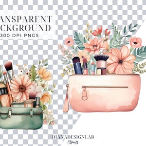 K&ouml;nnte beinhalten: Zwei Aquarell-Illustrationen von Kosmetiktaschen mit floralen Akzenten und Make-up-Pinseln. Die Taschen sind gr&uuml;n und rosa mit goldenen Rei&szlig;verschl&uuml;ssen. Die Blumen sind rosa, wei&szlig; und gelb.