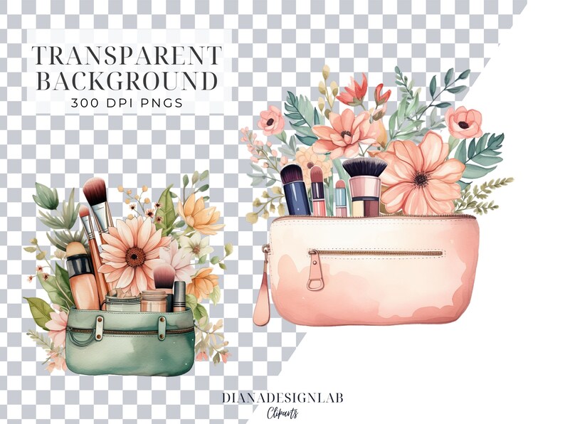 K&ouml;nnte beinhalten: Zwei Aquarell-Illustrationen von Kosmetiktaschen mit floralen Akzenten und Make-up-Pinseln. Die Taschen sind gr&uuml;n und rosa mit goldenen Rei&szlig;verschl&uuml;ssen. Die Blumen sind rosa, wei&szlig; und gelb.