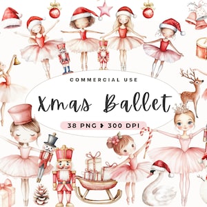 Clipart de bailarina de Natal em aquarela, quebra-nozes, princesa, para impressão infantil, diário de lixo, balé de inverno rosa, conto de fadas, uso comercial