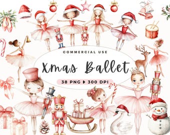 Watercolor Christmas Ballerina Clipart, Nutcracker, Princess, Kid Printable, Junk Journal, Pink Winter Ballet, Fairy Tale, Commercial Use