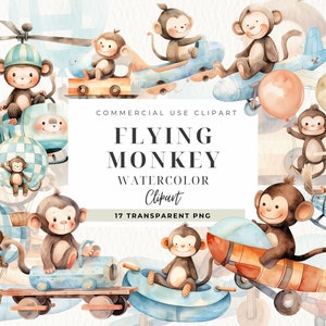 Lindo bebé monos clipart, mono volando, acuarela bebé animales clip art, animales safari, animales africanos, baby shower, uso comercial