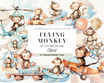 Cute Baby Monkeys Clipart, Monkey Flying, Watercolor Baby Animals Clip Art, Safari Animals, African Animals, Baby Shower, Commercial Use
