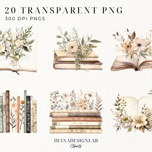 May include: A set of 20 digital illustrations featuring watercolor-style images of books and floral arrangements. The images are perfect for adding a touch of vintage charm to your designs.