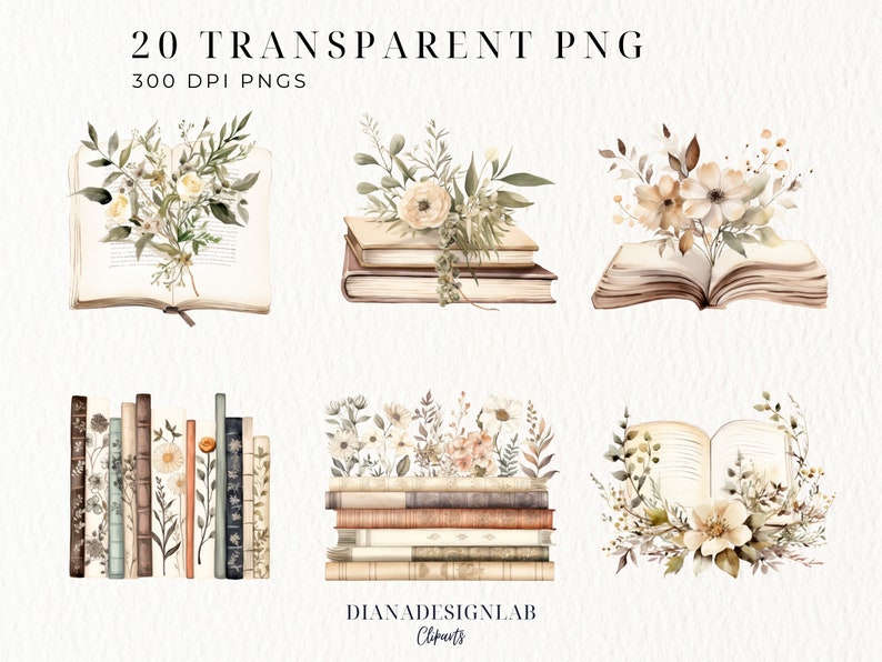 May include: A set of 20 digital illustrations featuring watercolor-style images of books and floral arrangements. The images are perfect for adding a touch of vintage charm to your designs.