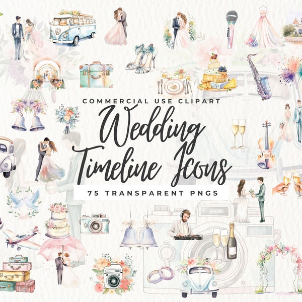 Imágenes prediseñadas de iconos de línea de tiempo de boda, paquete de iconos de matrimonio, imágenes prediseñadas de tarjetas de boda, gráficos de itinerario de boda, diario basura, símbolo de itinerario de boda