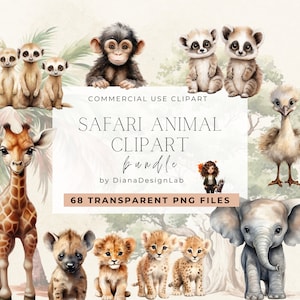 Clipart animaux Safari aquarelle, clipart à usage commercial, PNG transparents, clipart chambre d'enfant, girafe, éléphant, Lion, zèbre, hippopotame