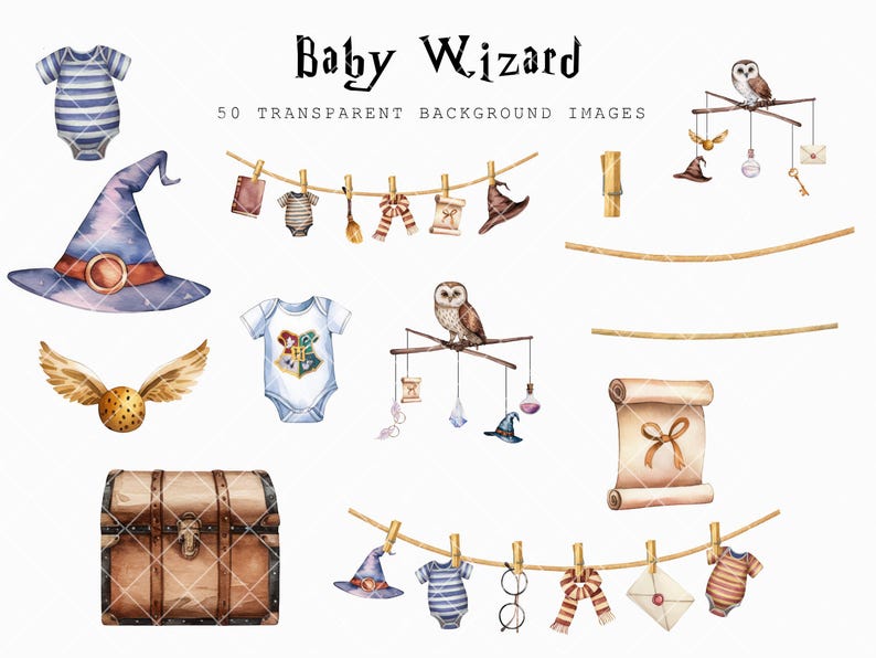 Puede incluir: Un conjunto de 50 ilustraciones de acuarela con motivos de beb&eacute; mago. Las im&aacute;genes incluyen un body de beb&eacute;, un sombrero de bruja, una snitch dorada, un cofre, un b&uacute;ho, una varita m&aacute;gica, un libro, una bufanda, un rollo y un par de gafas.