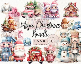Watercolor Christmas Clipart Bundle Christmas Gift Clipart Winter Season PNG Clipart XMAS Mega Bundle Watercolor Christmas Commercial Use