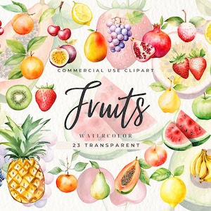 Clipart aquarelle de fruits mignons, fraise, usage commercial, fruits d'été, illustration fruitée, abricot, papaye, avocat, fruit de la passion