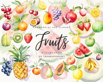 Aquarell niedliche Früchte Clipart, Erdbeere, kommerzielle Nutzung, Sommerfrüchte, fruchtige Illustration, Aprikose, Papaya, Avocado, Passionsfrucht