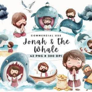 Jona und der Wal Clipart, Bibelgeschichten, Buch Jona, kommerzielle Nutzung, biblische Figuren, Digital, Aquarell Niedlich, christliche Geschichte