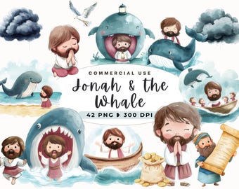 Jonah and the Whale Clipart, Bible Stories, Book Of Jonah, Commercial Use, Biblical Characters, Digital, Watercolor Cute, Christian Story