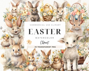 Aquarel Pasen Clipart Bundel, Paashaas, Eieren Bloemenmanden, Lente Clip Art, Schattige Baby Kippen, Kwekerij, Lam, Kuiken, Konijn