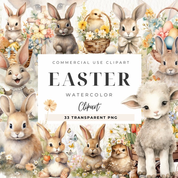 Watercolor Easter Clipart Bundle, Easter Bunny, Eggs Floral Baskets, Spring Clip Art, Cute Baby Chickens, Nursery, Lamb, Chick, Rabbit