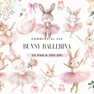 Aquarell Häschen Ballerina Clipart, Baby-Kaninchen, Blumenhäschen, Rosa-Babyparty, Boho-Baby-Mädchen, Geburtstagskind einladen, Ballett, kommerzielle Nutzung
