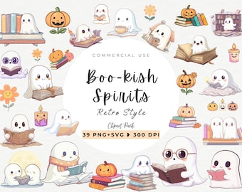 Puede incluir: Un conjunto de 39 imágenes de clipart digital que presentan lindos fantasmas en estilo retro, sosteniendo libros y calabazas. El clipart es perfecto para proyectos de Halloween, scrapbooking y diseño digital. El texto "Boo-kish Spirits" aparece en el centro de la imagen.