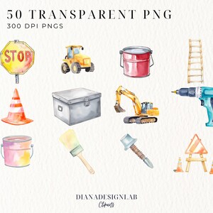May include: Watercolor illustrations of construction tools and equipment, including a stop sign, a yellow tractor, a red paint bucket, a ladder, a traffic cone, a toolbox, an excavator, a drill, a paint bucket, a paintbrush, a rivet gun, and a construction sign. The text "50 TRANSPARENT PNG" is at the top.